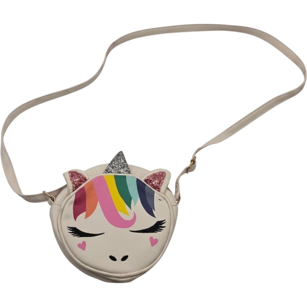 Unicorn Crossbody Bag White Faux Leather Rainbow Glitter Accents Small Purse O8